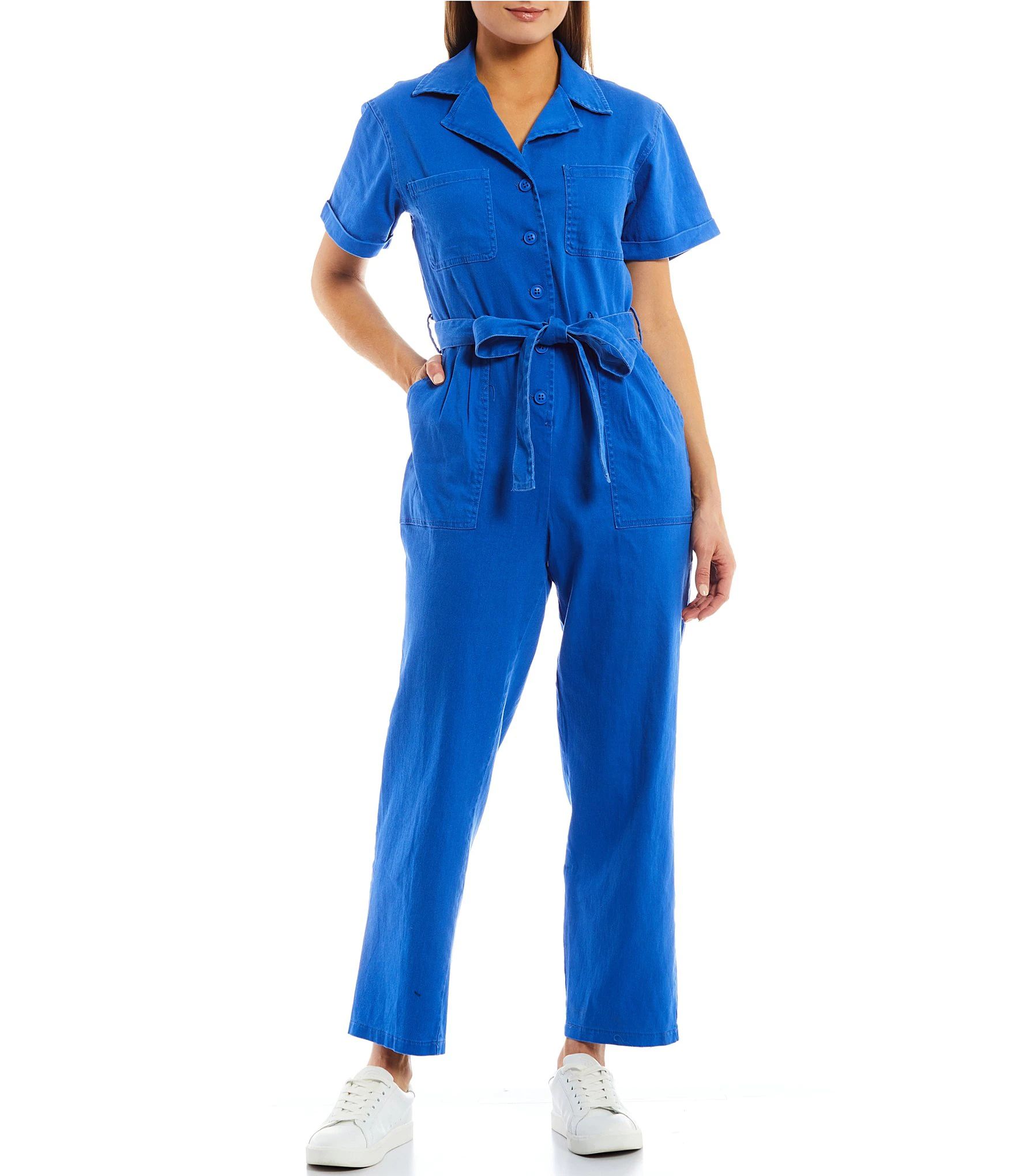 Washed Notch Collar Cuffed Short Sleeve Button Front Belted Utility Jumpsuit | Dillards