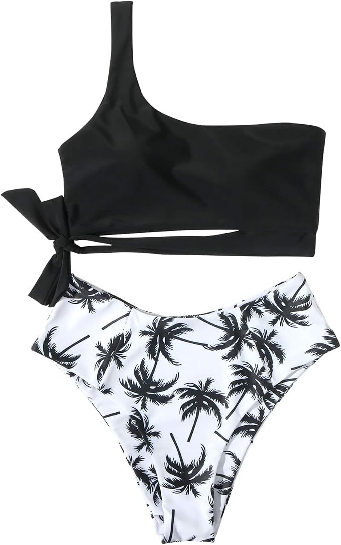 MOOSLOVER Women One Shoulder High Waisted Bikini Tie High Cut Two Piece Swimsuits | Amazon (US)