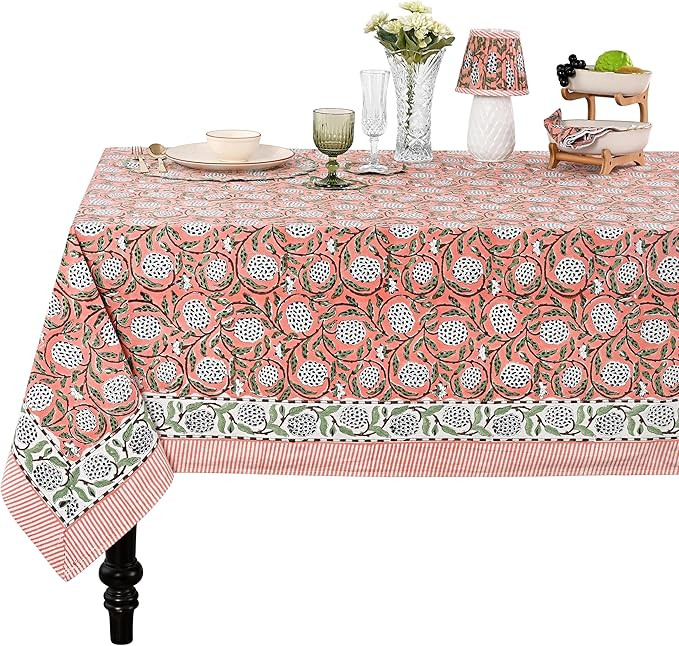 Ridhi Hand Block Print Dark Salmon Pink Rectangle Cotton Tablecloth 90" x 60" Reusable Table Cove... | Amazon (US)