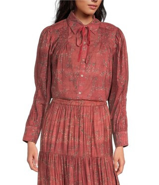 Ro's Garden Gin Woven Baltistan Point Collar Bow Tie Neck Ruched Long Puff Sleeve Button Front Bl... | Dillard's