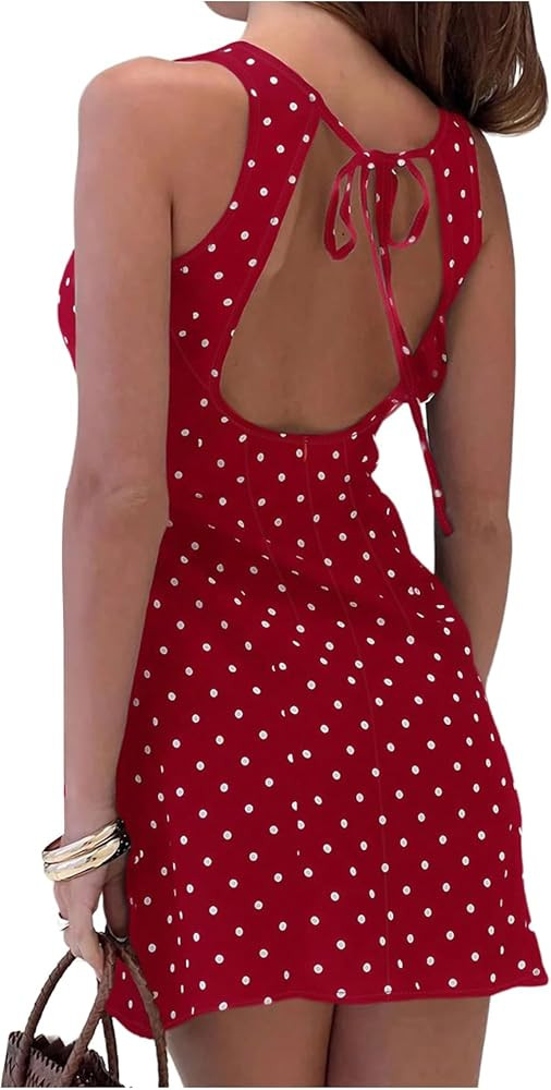 Verdusa Polka Dots Dress for Women Open Back Bodycon Backless Tank Mini Dress | Amazon (US)