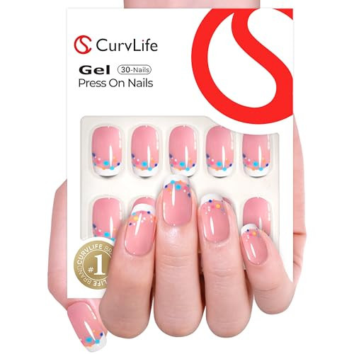 Curvlife Press On Nails Kit - Candy French Square Medium Full Cover False Nail Tips with Trendy Designs, Reusable & Glue Included - Easy Application Nail Accessories for Women | Amazon (US)