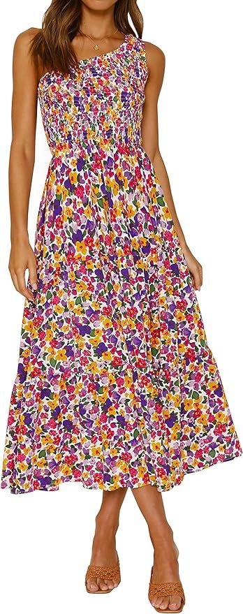 ZESICA Women's 2023 Bohemian Summer Floral Print One Shoulder Sleeveless Smocked Ruffle Tiered Be... | Amazon (US)