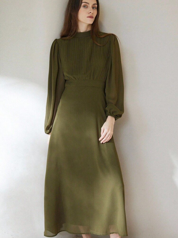 Aveloria Modichic Elegant Chiffon Pleated Front Waist Cinched Long Sleeve Dress, Versatile For Co... | SHEIN