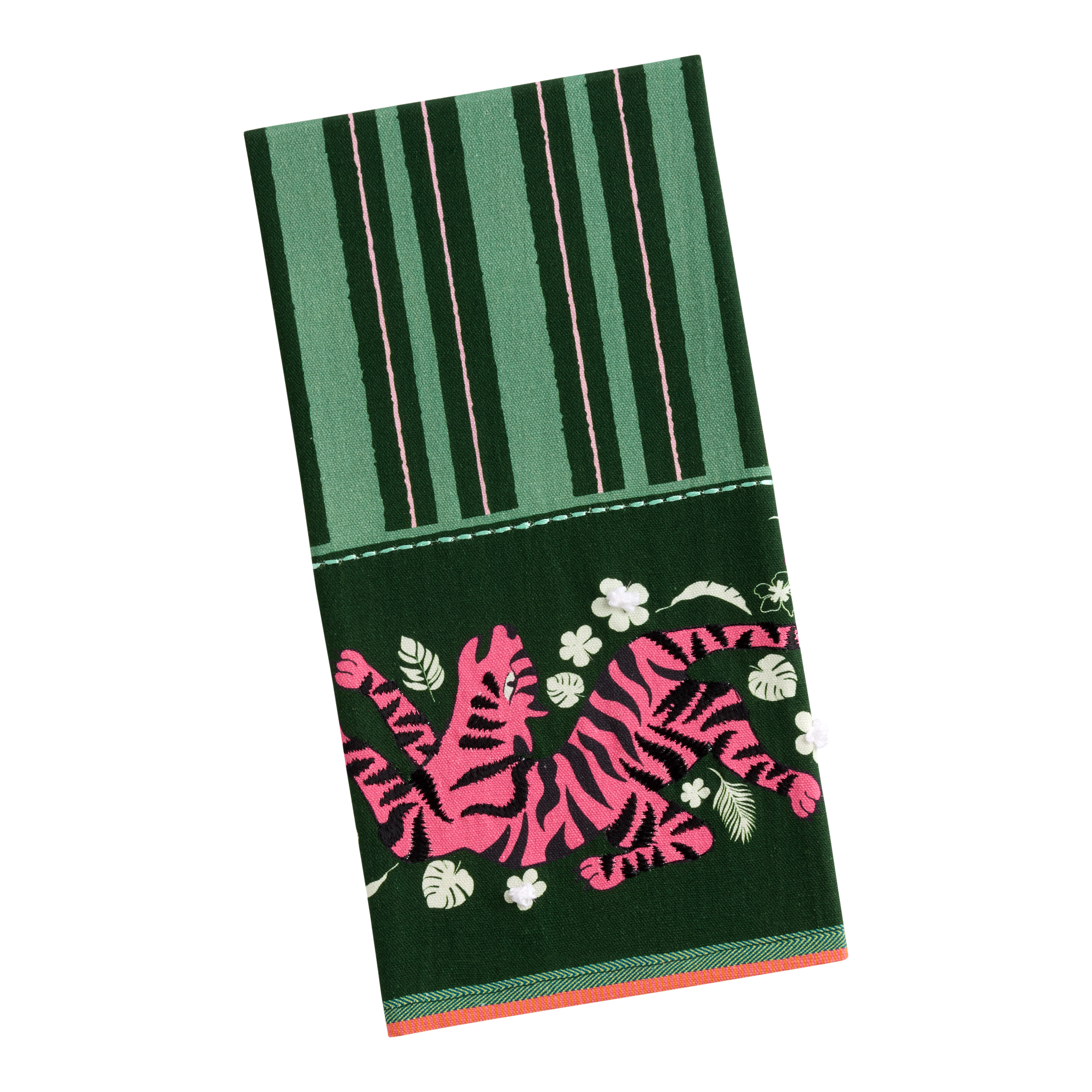 Green and Pink Tiger Stripe Embroidered Kitchen Towel | World Market