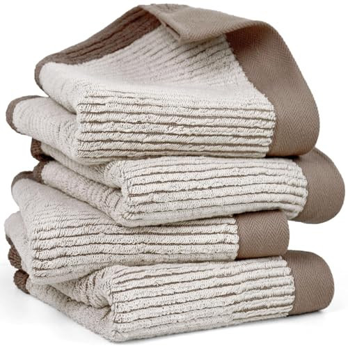Cleanbear Hand Towels for Bathroom Set of 4, Jacquard Weaved Cotton Face Towels, 28 x 13.7 Inches (Light-Brown) | Amazon (US)