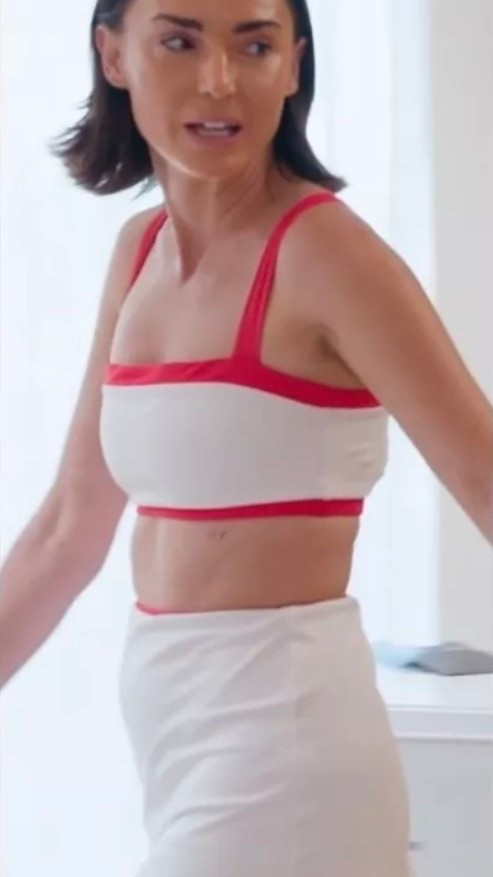 Bronwyn Newport’s Lightweight, super-stretch activewear jersey White/ Red Crop Top and Skirt Set