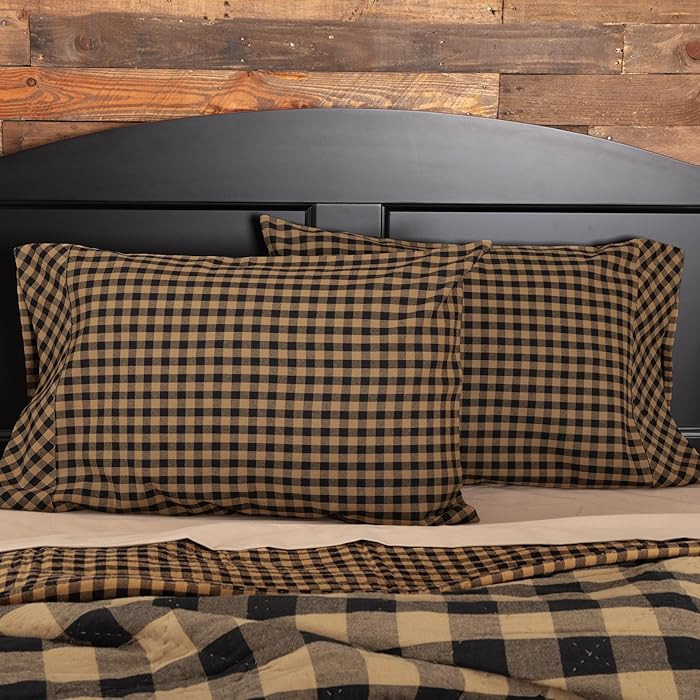 VHC Brands Black Check Standard Pillow Case Set of 2 21x30 Country Rustic Design, Black and Tan | Amazon (US)