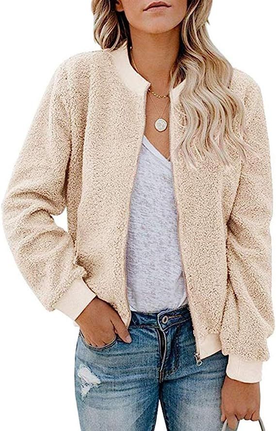 MIROL Women's Sherpa Fleece Jacket Faux Fuzzy Long Sleeve Casual Zip Up Bomber Coat | Amazon (US)