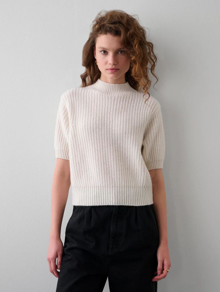 Cashmere Ribbed Elbow Sleeve Mockneck | White and Warren