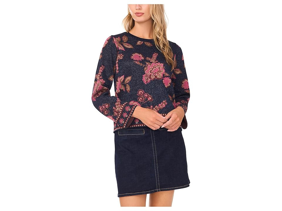 Vince Camuto Floral Jacquard Long Sleeve Crew Women's Sweater Classic Navy : XS, Polyester/Viscose | Zappos
