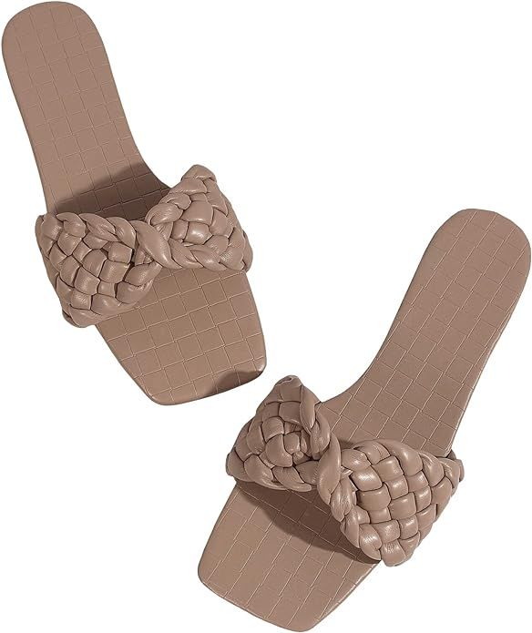 LAICIGO Women's Squared Open Toe Slide Sandals Braided Single Strap Leather Low Heel Flat Shoes | Amazon (US)