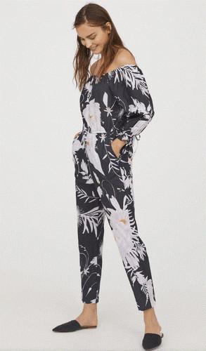 Anna Glover H&M 4 NWT Jumpsuit Off Shoulder linen Cotton Gray White Floral NEW | eBay | eBay US