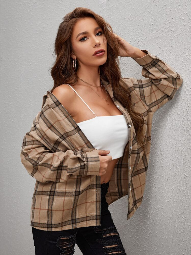 SHEIN EZwear Plaid Button Through Pocket Front Shirt | SHEIN