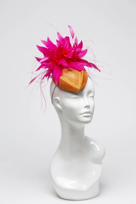 THG2029 - Orange Sinamay Cocktail Base with Bright Pink Goose Feather Design | Etsy (US)