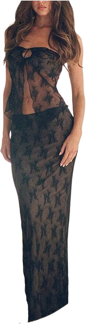 Women 2 Piece Maxi Skirt Set Y2k Lace Up Back Tie Up Tank Tops Bodycon Long Skirt Summer Party Cl... | Amazon (US)