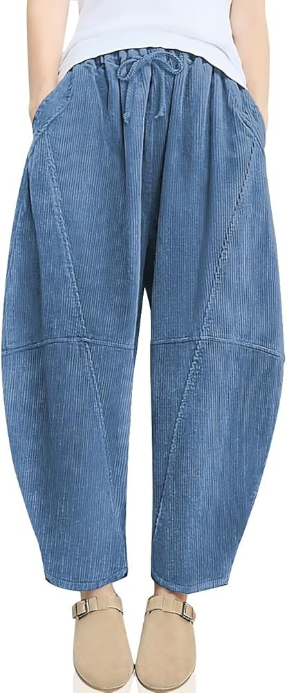 TARSE Womens Corduroy Harem Pants Casual Elastic Waist Wide Leg Pants Loose Fit Baggy Trousers wi... | Amazon (US)