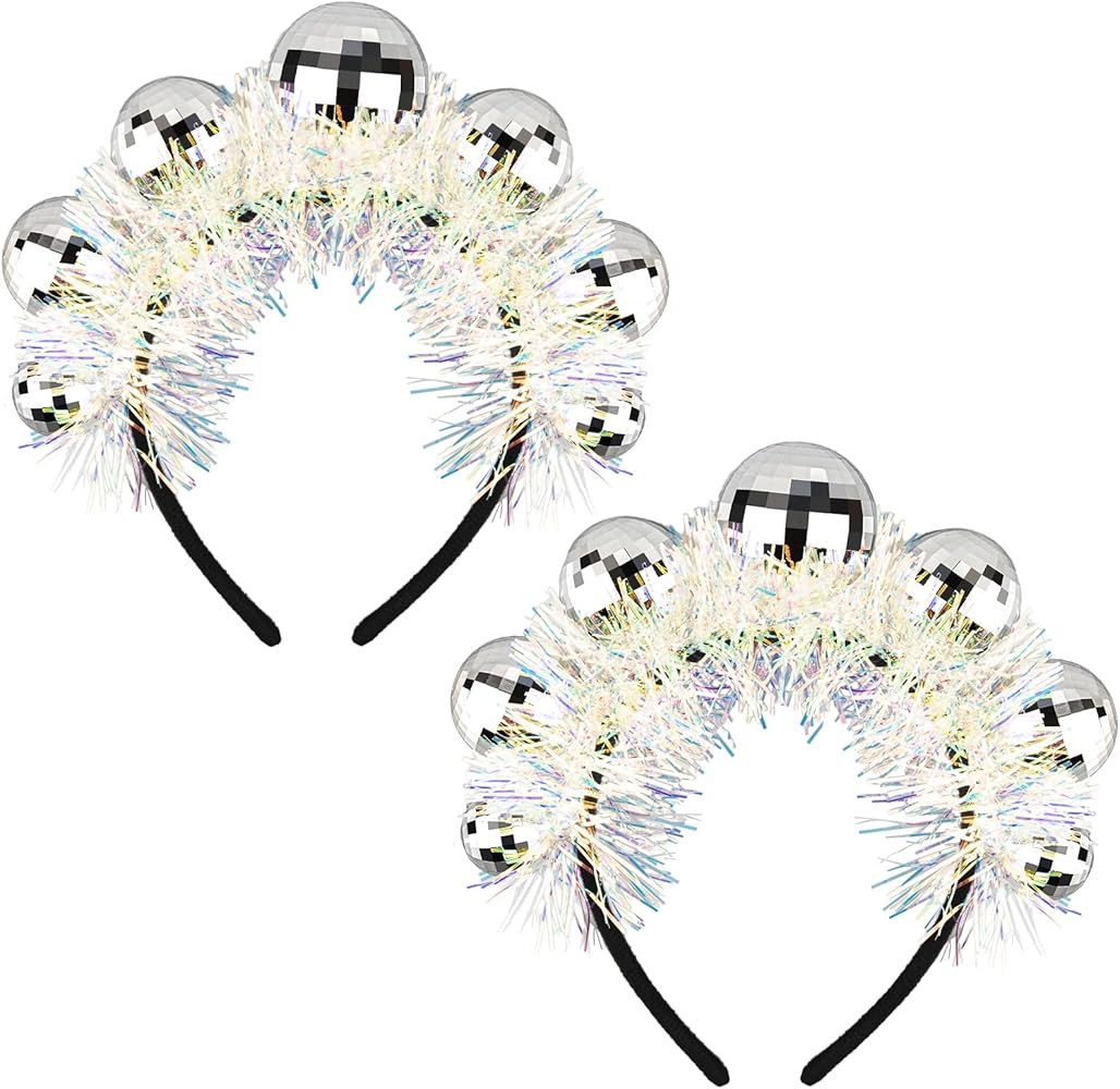 2 Pieces Disco Ball Headband Set 1970s Vintage Silver Disco Ball Headband Mirror Ball Head Bopper... | Amazon (US)
