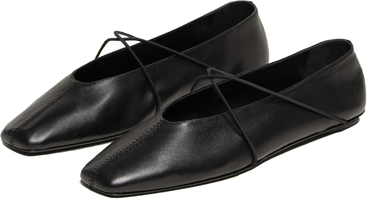 Square Toe Ballet Flats for Women Criss-Cross Straps Mary Jane Flat Shoes Comfortable Slip On Lea... | Amazon (US)