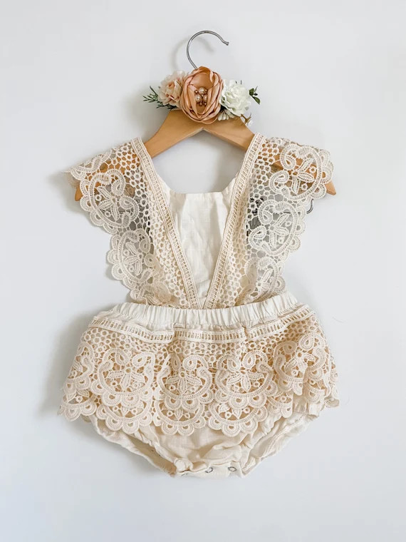 Baby Girl Boho Lace Romper in Ivory Cake Smash Outfit Baby | Etsy | Etsy (US)