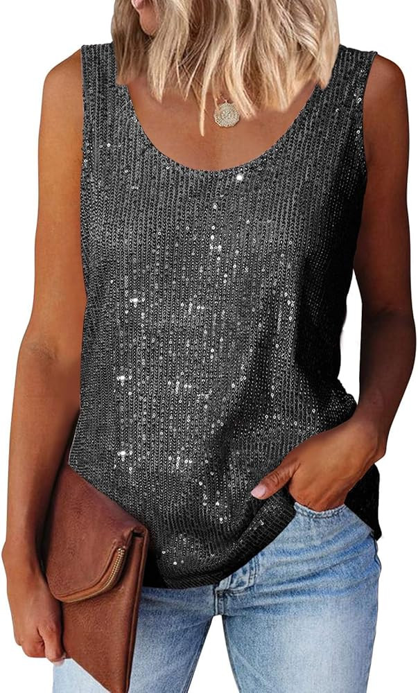 MLEBR Womens Summer Fashion Sequin Tops Scoop Neck Sequin Sparkle Shimmer Sleeveless Tanks Tops B... | Amazon (US)