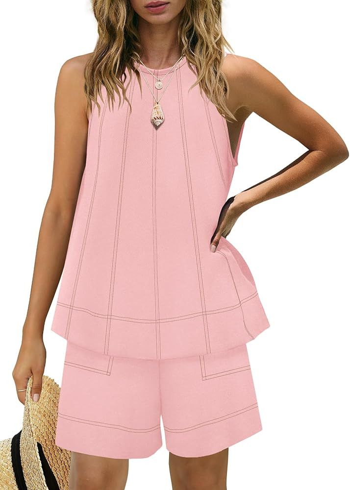 Panadila Womens Summer 2 Piece Sets Beach Vacation Outfits High Neck Tank Top and Shorts Set Reso... | Amazon (US)