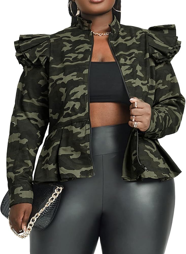 LifeShe Women's Zip up Ruffle Sleeve Peplum camo Jacket Blazers Camouflage Denim Jean Jackets | Amazon (US)