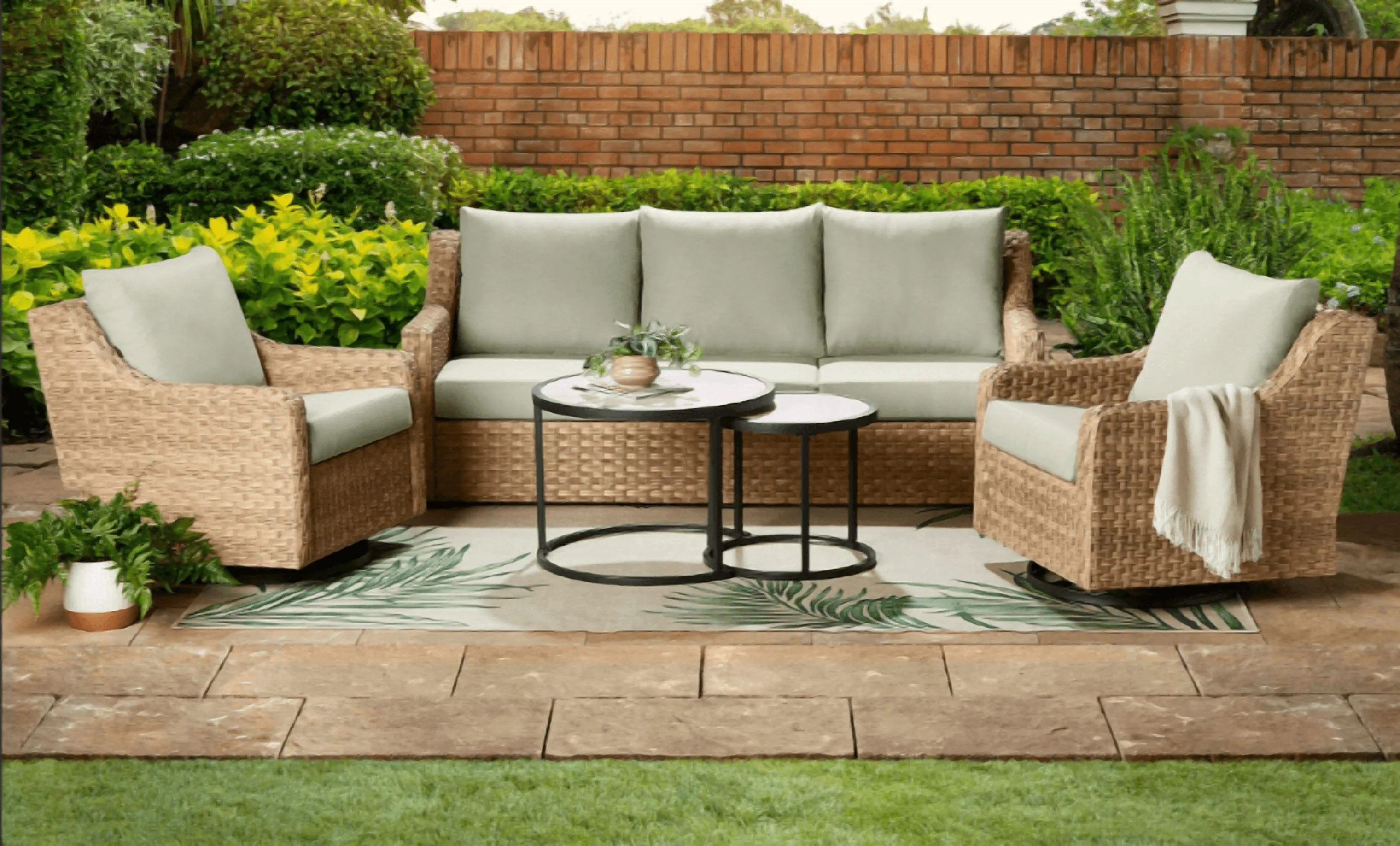Better Homes & Gardens River Oaks Outdoor 5-Piece Wicker Conversation Set with Patio Cover,  Gree... | Walmart (US)