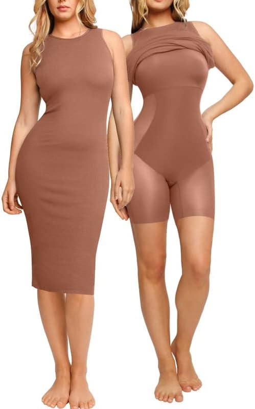 Popilush Crew Neck Shaper Dress Built-in Shapewear Bra 9 in 1 Sleeveless Casual Summer Midi Bodyc... | Amazon (US)