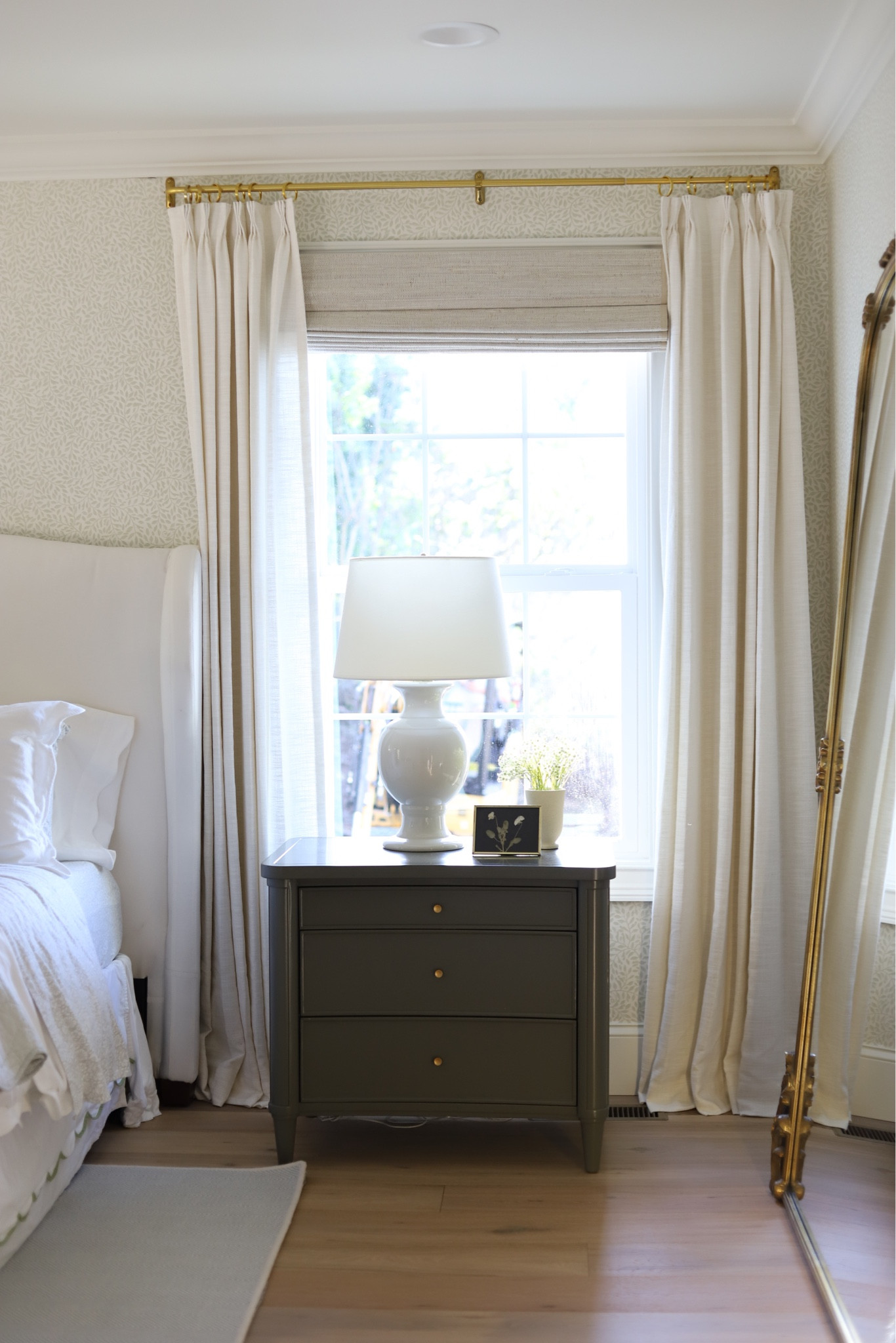 Primary bedroom curtains, shades and curtain rod hardware details:

Liz Linen Drape Pleated
Color: Ivory White 1908-2
Header: Triple Pleat
Width: 26” after pleats
Length: 90”
Lining: Privacy Shading Rate 60-90%
No tie back
Yes Memory Training

Natural Ramie Bamboo Woven Shade - Wall White
Color: Wall White LN21
Outside Mount
Cordless
Width: 38"
Length: 62”
Lining: Blackout
Edge Binding: NL-002


#LTKHome