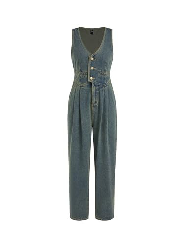 CIDER Women's Denim V-neck Belted Straight Leg Jumpsuit: Dark Navy, X-Small | Amazon (US)