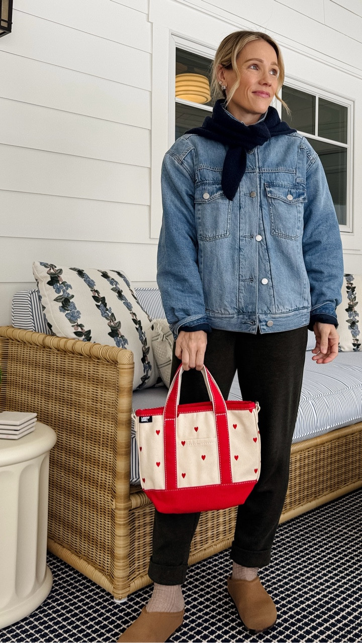 code HELLOVARLEY wearing an xs in olive marl sweatpants, 25 length (5’3”) ~ Lands'End x Bauble Bar Valentine's Day tote with bag charm kit included ~ Pistola denim jacket code LATLEY15 wearing my regular size small, linked similar styles ~ favorite KULE stripe tee wearing my regular size small ~ Rothy's clogs in butternut size down one ~ Sezane classic navy triangle scarf ~ eby underwear size up one ~ pepper bra ~ xo, Claire

#LTKootd #LTKgrwm #LTKSaleAlert