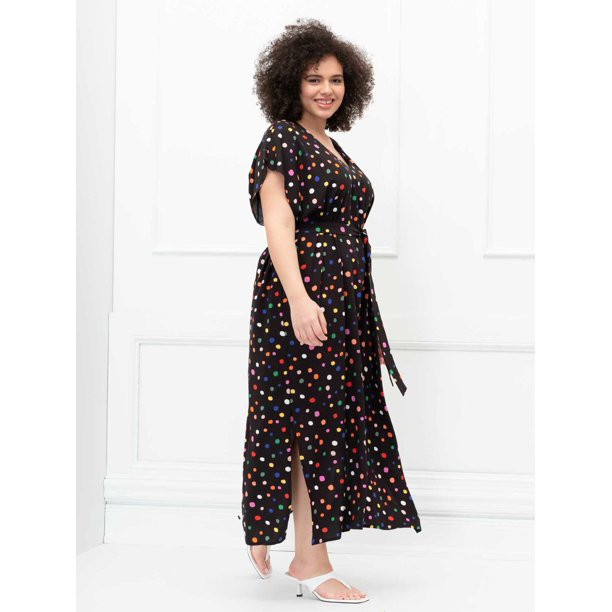 ELOQUII Elements Women's Plus Size Dot Print Belted Maxi Dress | Walmart (US)