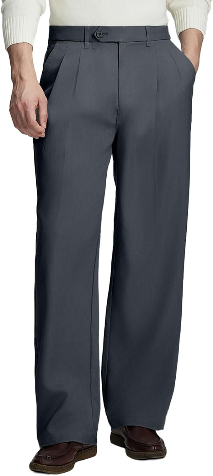Mens Casual Dress Pants Old Money Pleated Baggy Wide Leg Vintage Relaxed Fit Slacks Work Office T... | Amazon (US)