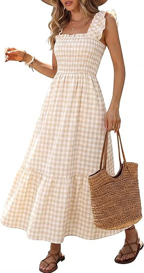 Caracilia Womens Summer Casual Maxi Dress Ruffle Spaghetti Strap Gingham Smocked Long Dresses 202... | Amazon (US)