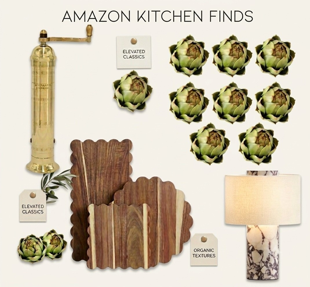 Amazon Kitchen Finds 
Wood cutting boards 
Faux artichokes 
Marble lamp
Salt & Pepper Mills

#LTKHome
