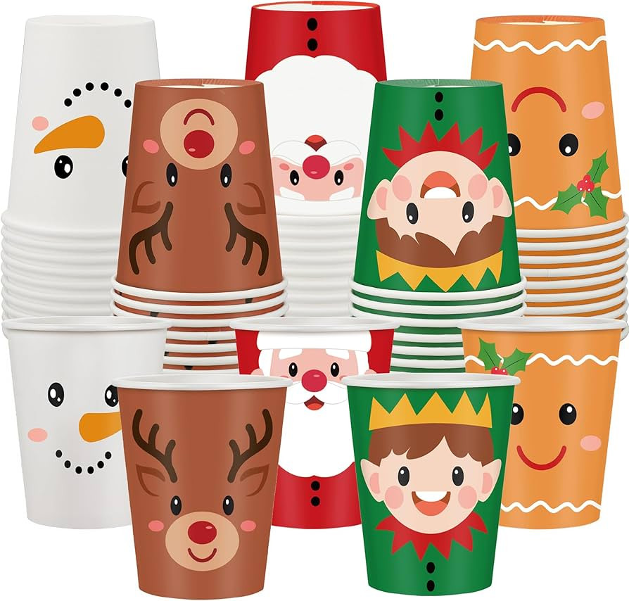50 PCS Christmas Paper Cups 9 oz Xmas Disposable Coffee Cups Snowman Santa Gingerbread Xmas Party... | Amazon (US)