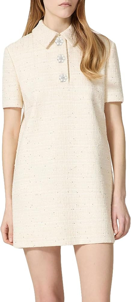 Women's Tweed Mini Shift Dress Polo Collared Party Formal Short Dress Rhinestone Button Up Work T... | Amazon (US)