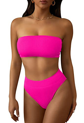 Pink Queen Women's High Waisted Bikini Swimsuit Set 2 Piece High Leg Bandeau Swimsuit Bathing Suit Hot Pink S | Amazon (US)