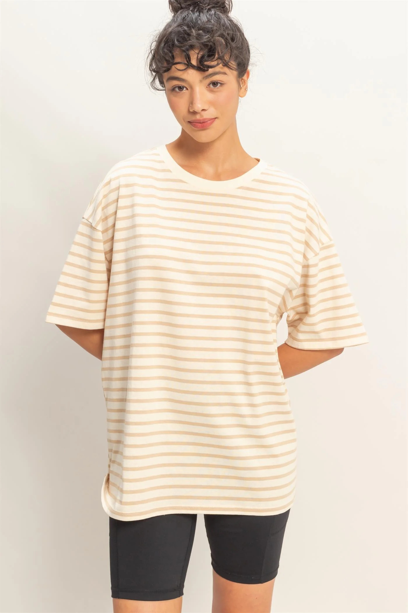 Taupe Striped Short Sleeve Crew Neck Oversized Cotton Top | PinkBlush Maternity