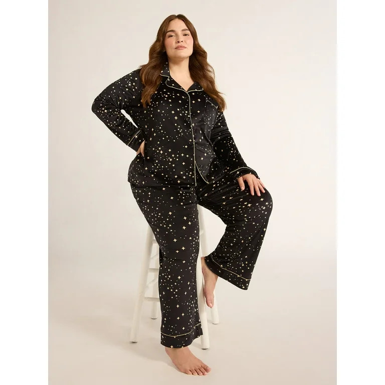 Joyspun Women's Velour Notch Collar Top and Pants Pajama Set, 2-Piece, Sizes S-3X | Walmart (US)