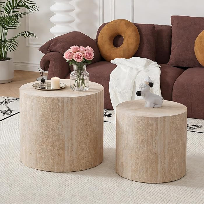 Modern Round Nesting Coffee Table Set of 2, Travertine Circle Side Table with Non-Slip Feet, for ... | Amazon (CA)