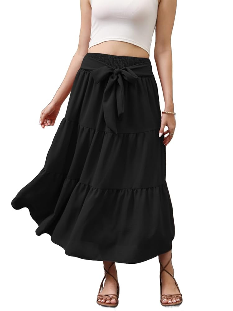 Womens Summer Boho Maxi Skirt Tie Knot Elastic High Waisted Trendy Flowy Beach Long Skirts with P... | Amazon (US)