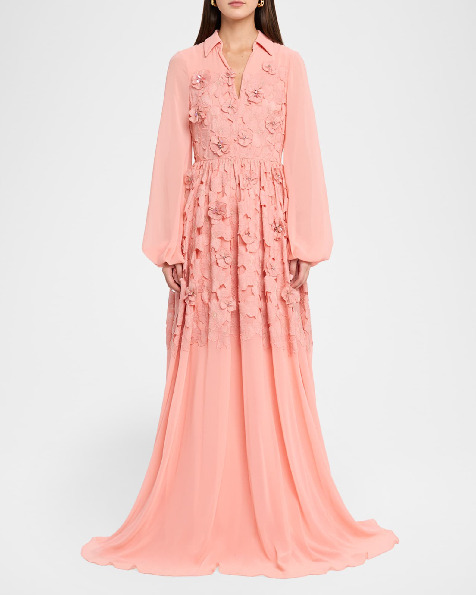 Blouson-Sleeve Floral Lace Georgette Gown | Neiman Marcus