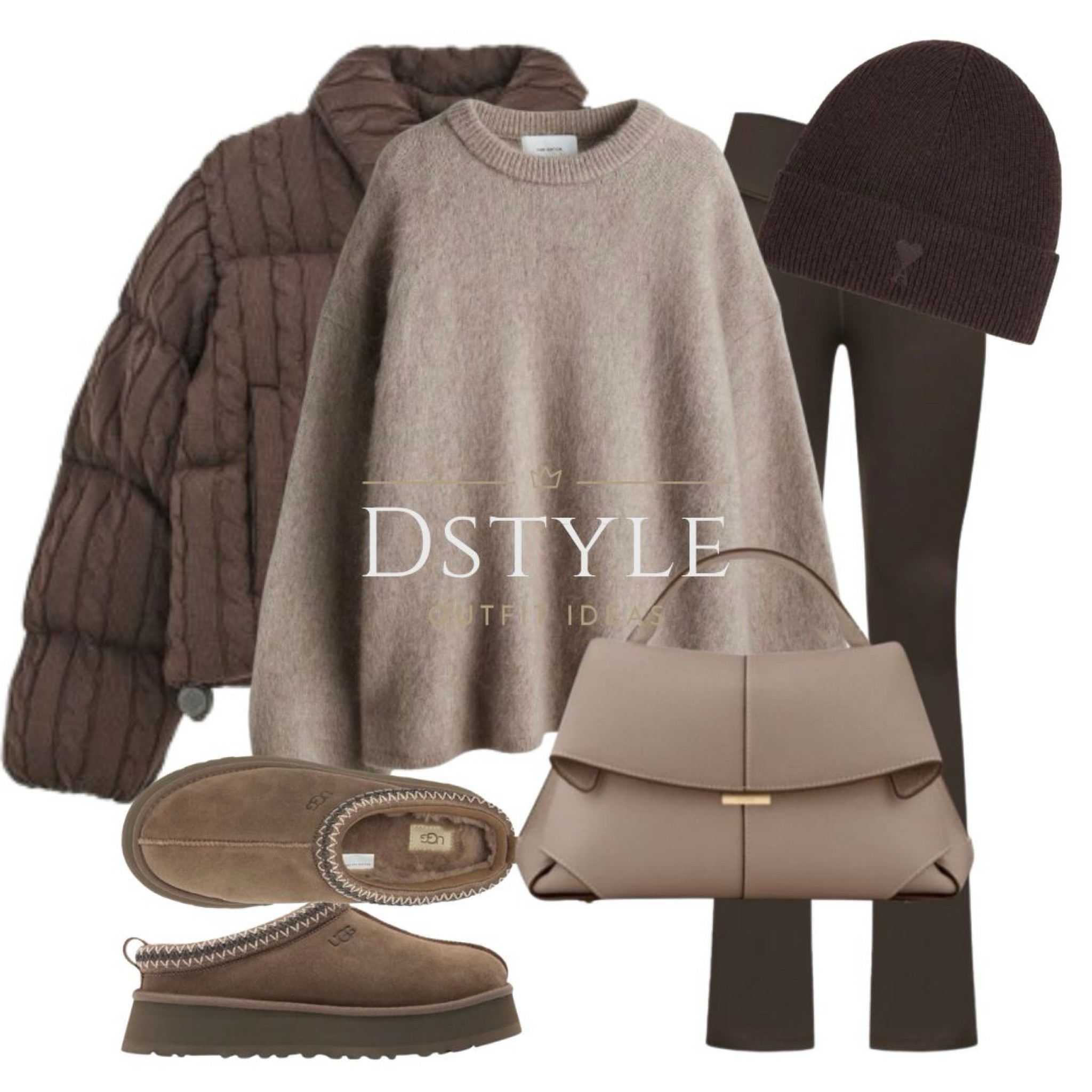  Brown cable knitted puffer jacket, beige oversized mohair-blend jumper / sweater, chocolate brown  
 sculpting leggings, UGG Tazz platform slippers (hickory), bag - Polene Mokki Edition Textured Taupe

#LTKShoeCrush #LTKStyleTip #LTKTravel