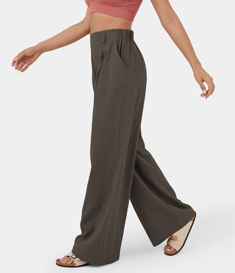High Waisted Plicated Side Pocket Wide Leg Flowy Solid Palazzo Casual Cotton Pants | HALARA
