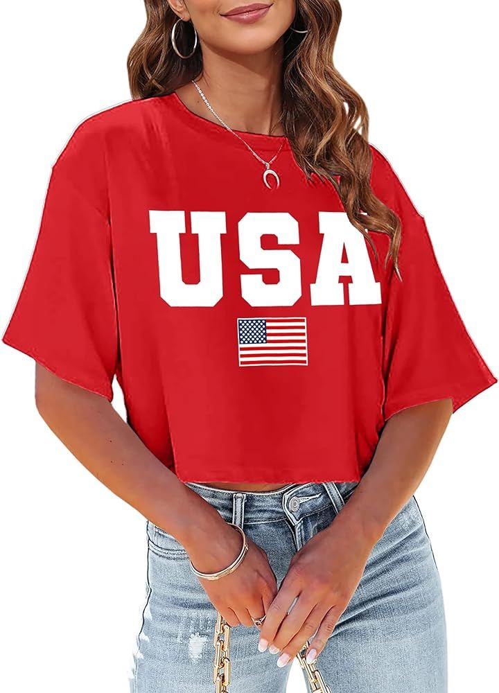 American Flag Crop Tops Women USA Crop Shirt Patriotic 4th of July Tee Memorial Day Tshirt Girls ... | Amazon (US)