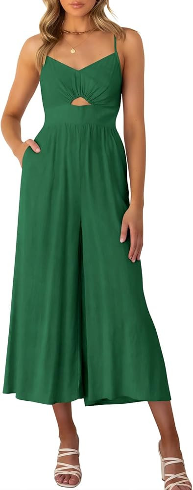 ANRABESS Women's Summer Spaghetti Straps V Neck Cutout Smocked High Waist Wide leg Jumpsuits Romp... | Amazon (US)