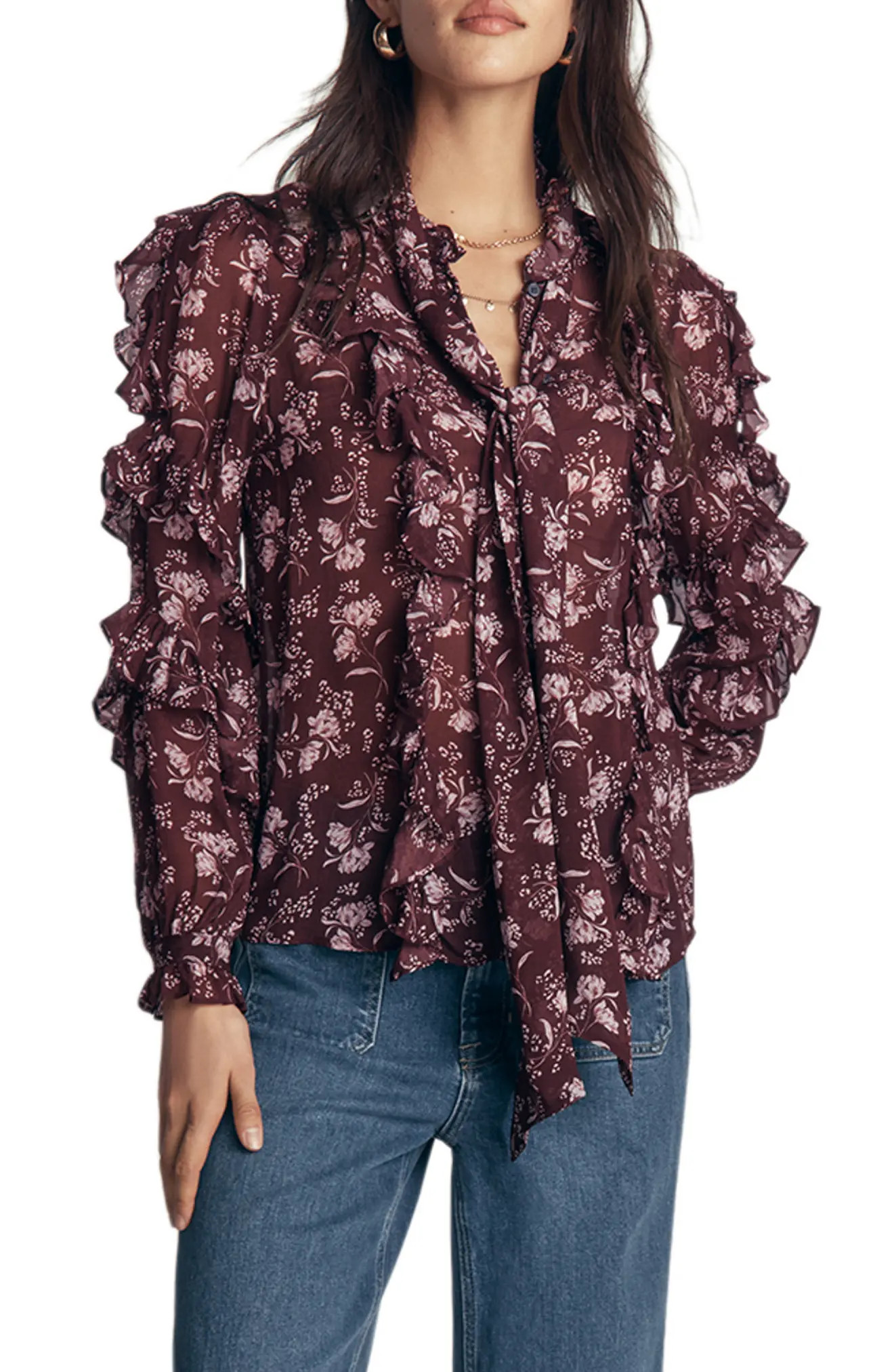 Boden Ruffled Georgette Tie Neck Top (Women) | Nordstrom | Nordstrom