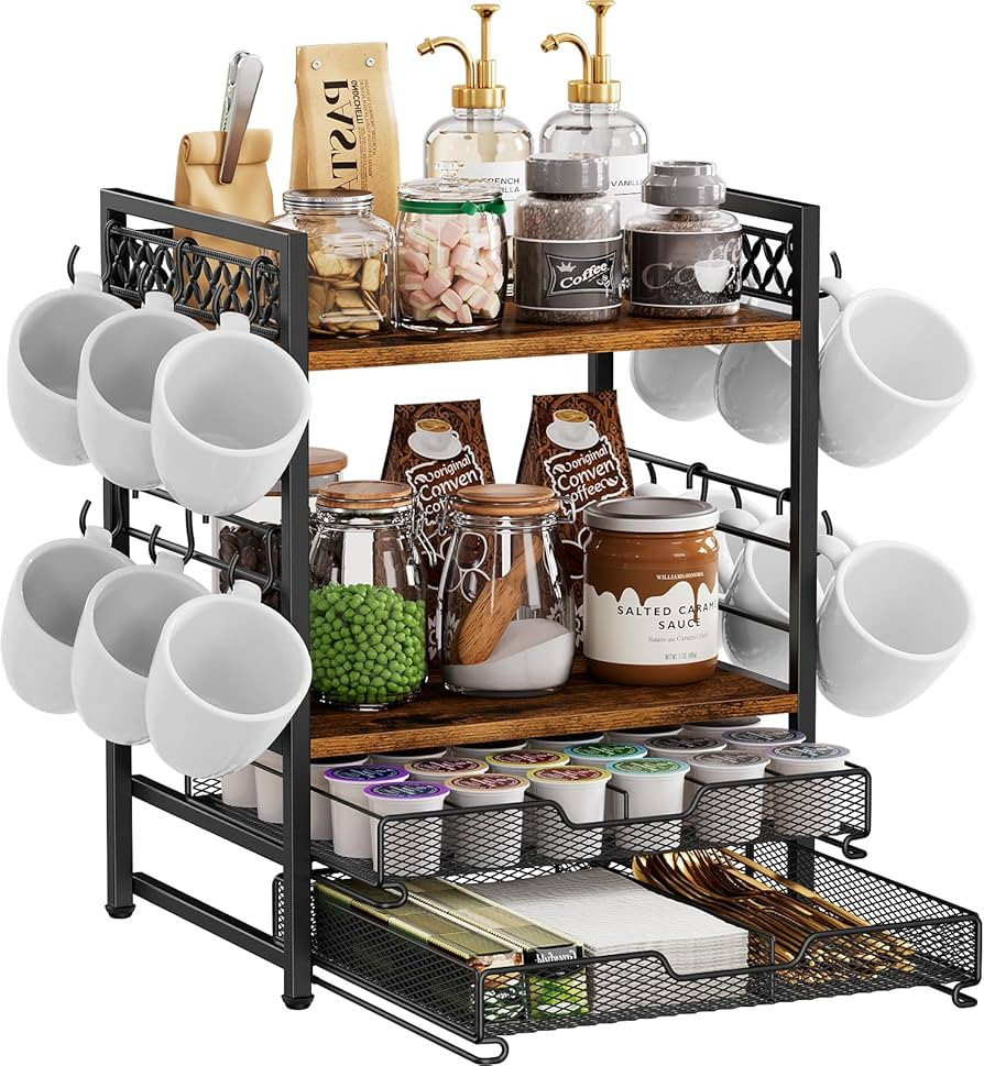 Coffee Bar Organizer Countertop Station Shelf - 4 Tier Mug Holder Stand With 12 Hooks, 30 K Cup P... | Amazon (US)